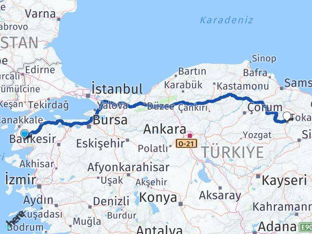 Çanakkale Bayramiç Tokat Arası Kaç Km - Yol Haritası