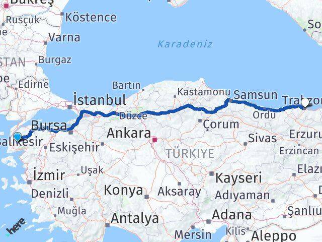 Çanakkale Bayramiç Trabzon Arası Kaç Km - Yol Haritası