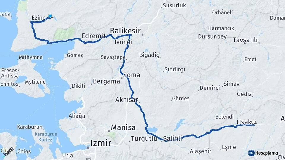 Çanakkale Bayramiç Uşak Arası Kaç Km - Yol Haritası