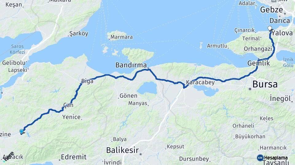 Çanakkale Bayramiç Yalova Arası Kaç Km - Yol Haritası