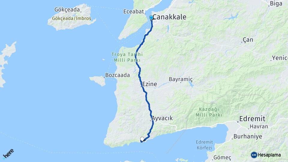 Çanakkale Behram Ayvacık Arası Kaç Km - Yol Haritası