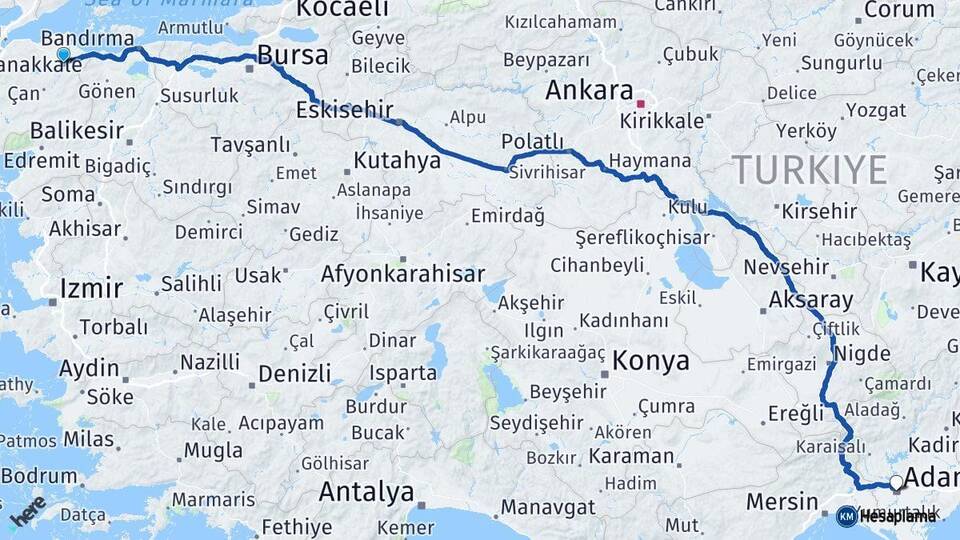 Çanakkale Biga Adana Arası Kaç Km - Yol Haritası