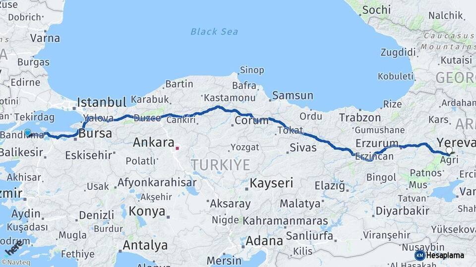 Çanakkale Biga Ağrı Arası Kaç Km - Yol Haritası