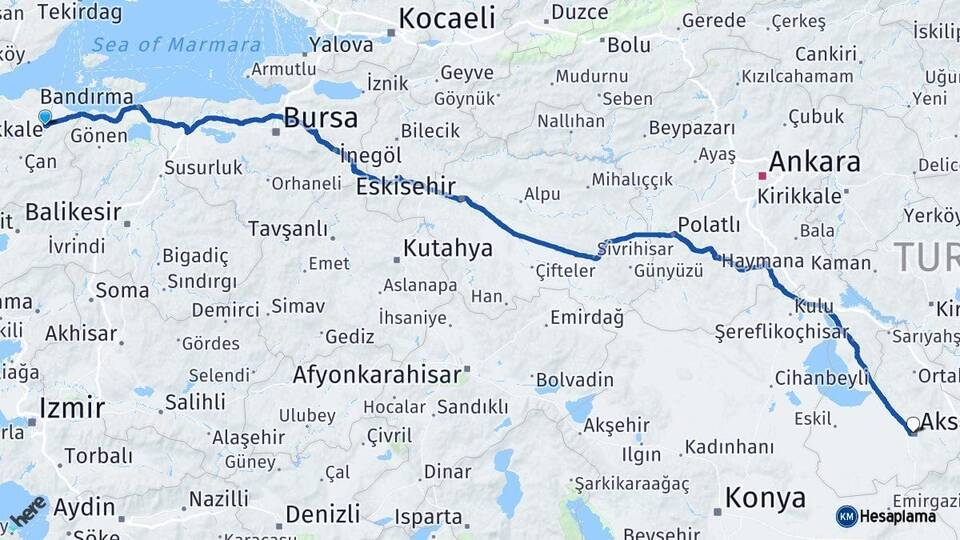 Çanakkale Biga Aksaray Arası Kaç Km - Yol Haritası