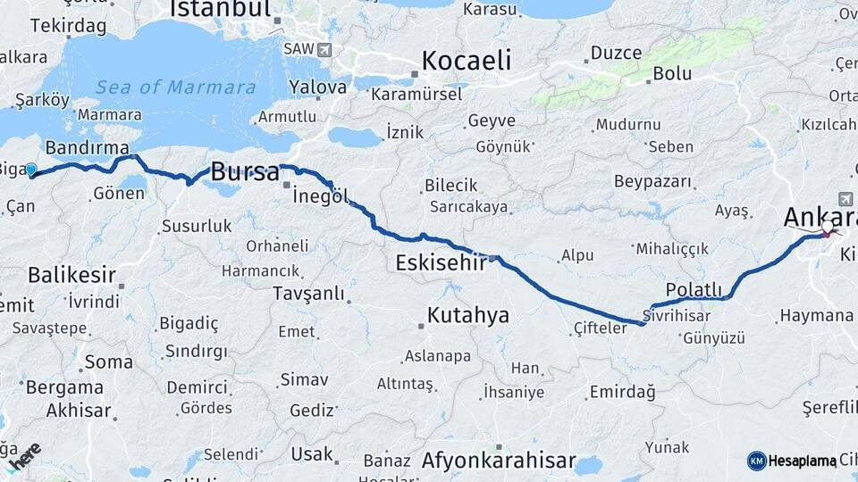 Çanakkale Biga Ankara Arası Kaç Km - Yol Haritası