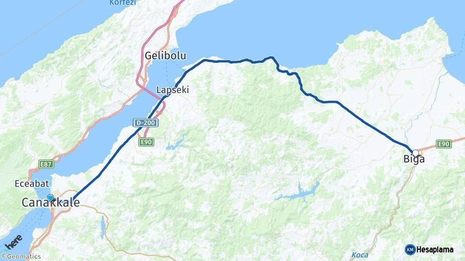 Çanakkale Biga Arası Kaç Km - Yol Haritası