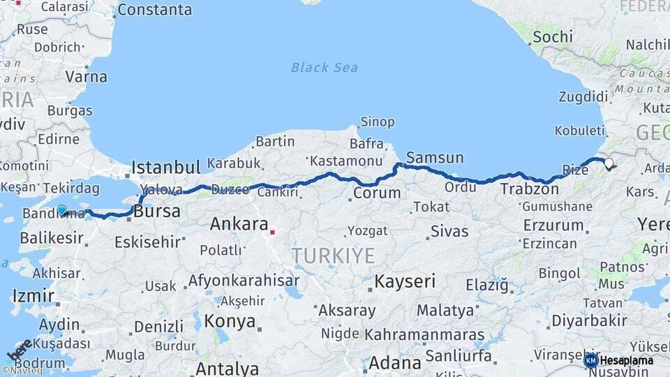 Çanakkale Biga Artvin Arası Kaç Km - Yol Haritası