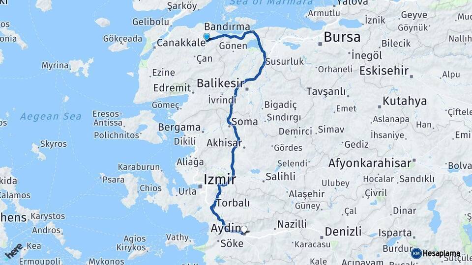 Çanakkale Biga Aydın Arası Kaç Km - Yol Haritası