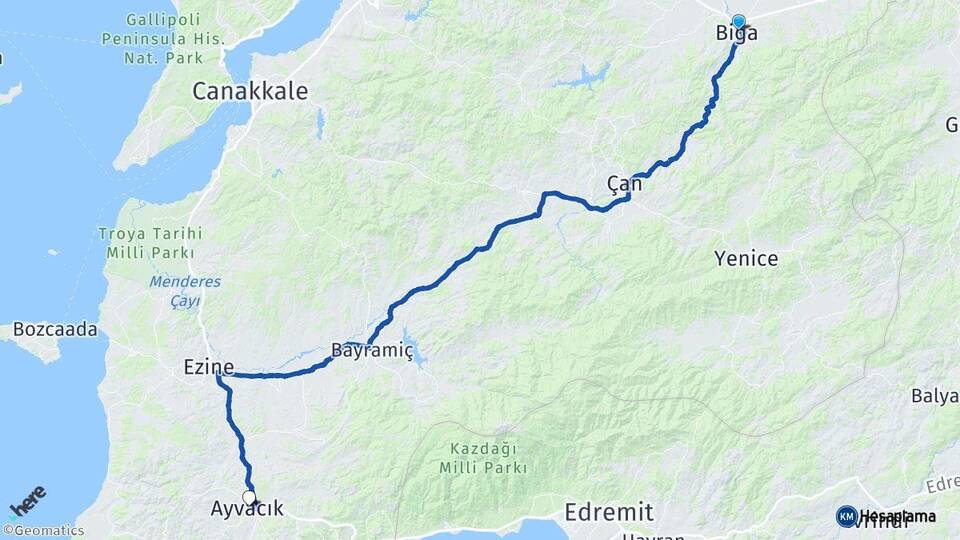 Çanakkale Biga Ayvacık Arası Kaç Km - Yol Haritası