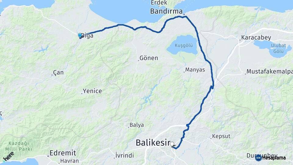 Çanakkale Biga Balıkesir Arası Kaç Km - Yol Haritası