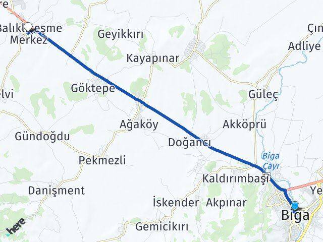 Çanakkale Biga Balıklıçeşme Biga Arası Kaç Km - Yol Haritası