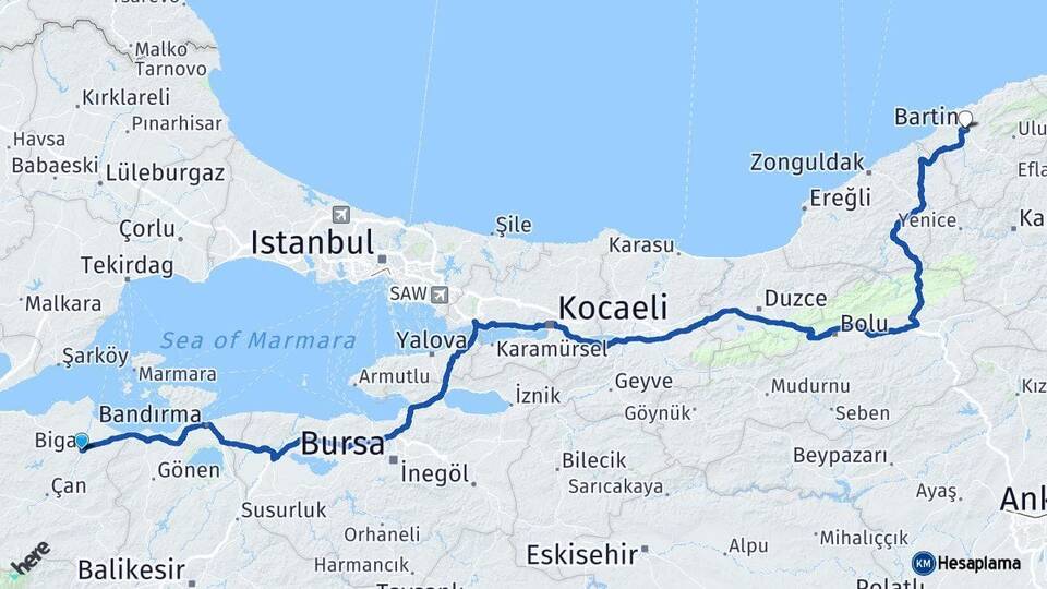 Çanakkale Biga Bartın Arası Kaç Km - Yol Haritası
