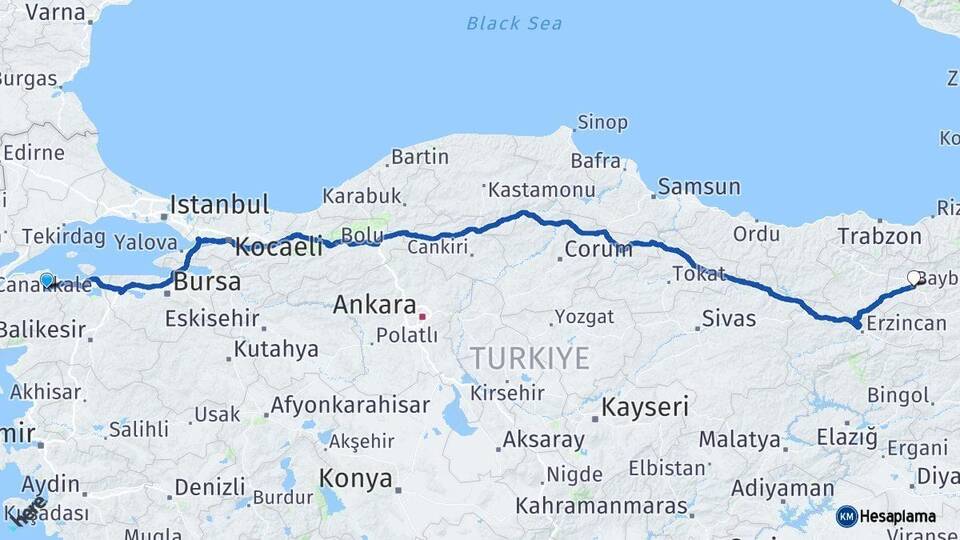 Çanakkale Biga Bayburt Arası Kaç Km - Yol Haritası
