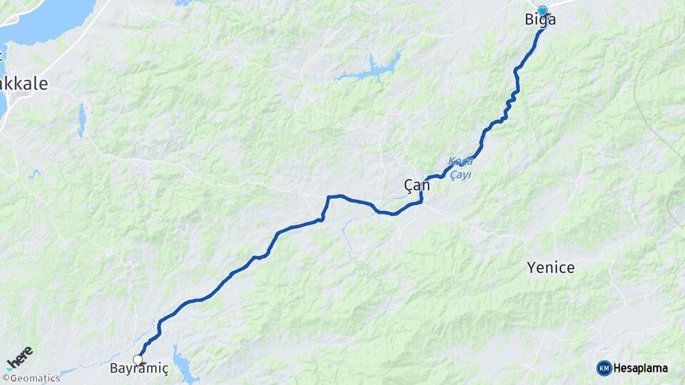 Çanakkale Biga Bayramiç Arası Kaç Km - Yol Haritası
