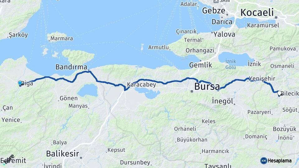 Çanakkale Biga Bilecik Arası Kaç Km - Yol Haritası