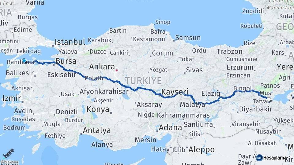 Çanakkale Biga Bitlis Arası Kaç Km - Yol Haritası