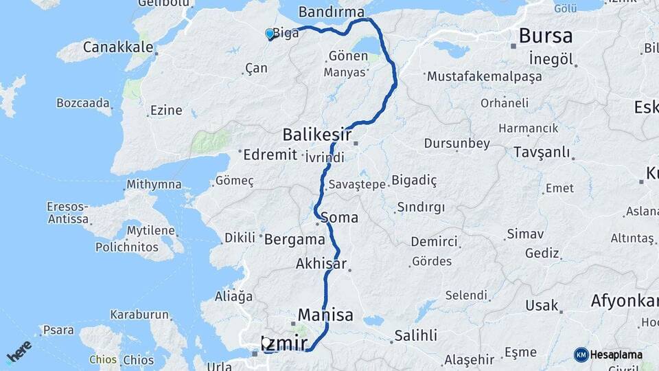 Çanakkale Biga Bornova İzmir Arası Kaç Km - Yol Haritası
