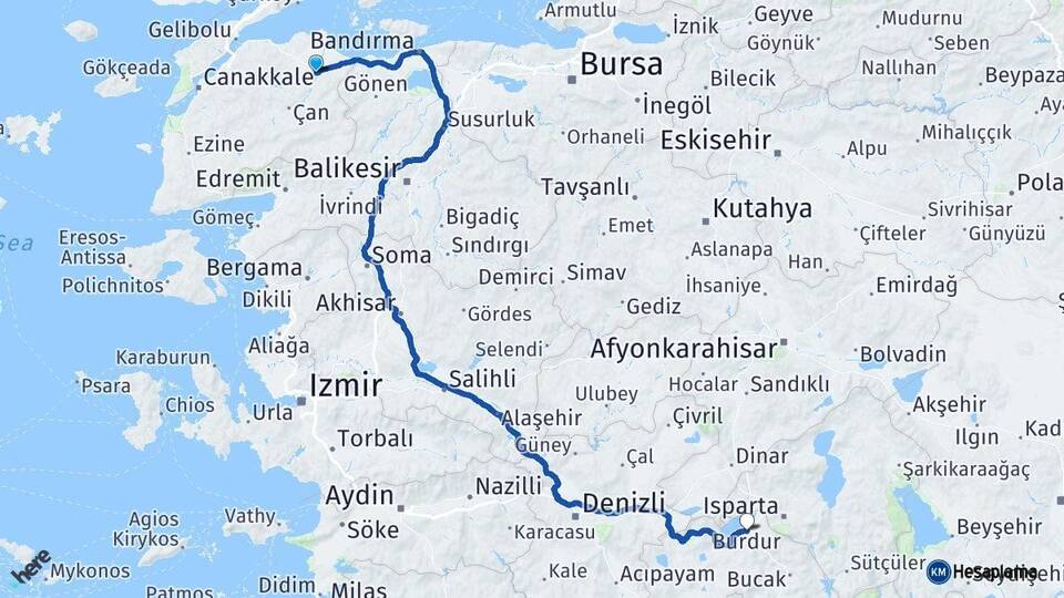 Çanakkale Biga Burdur Arası Kaç Km - Yol Haritası