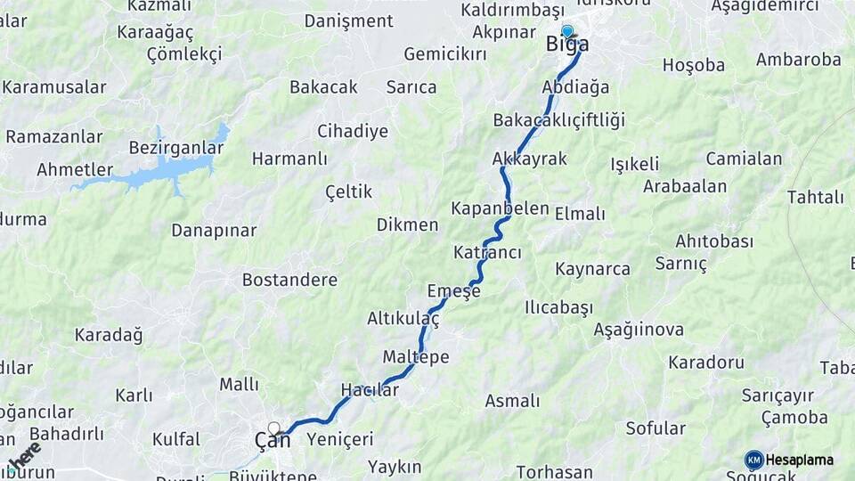 Çanakkale Biga Çan Arası Kaç Km - Yol Haritası