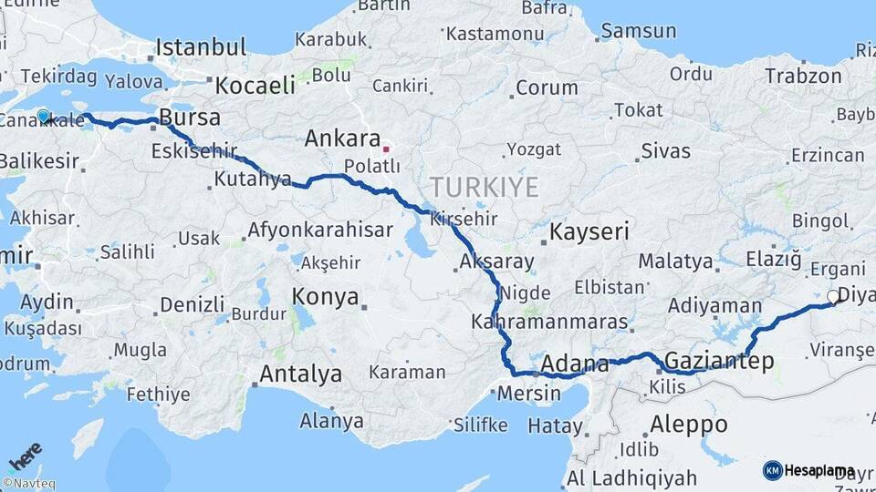 Çanakkale Biga Diyarbakır Arası Kaç Km - Yol Haritası