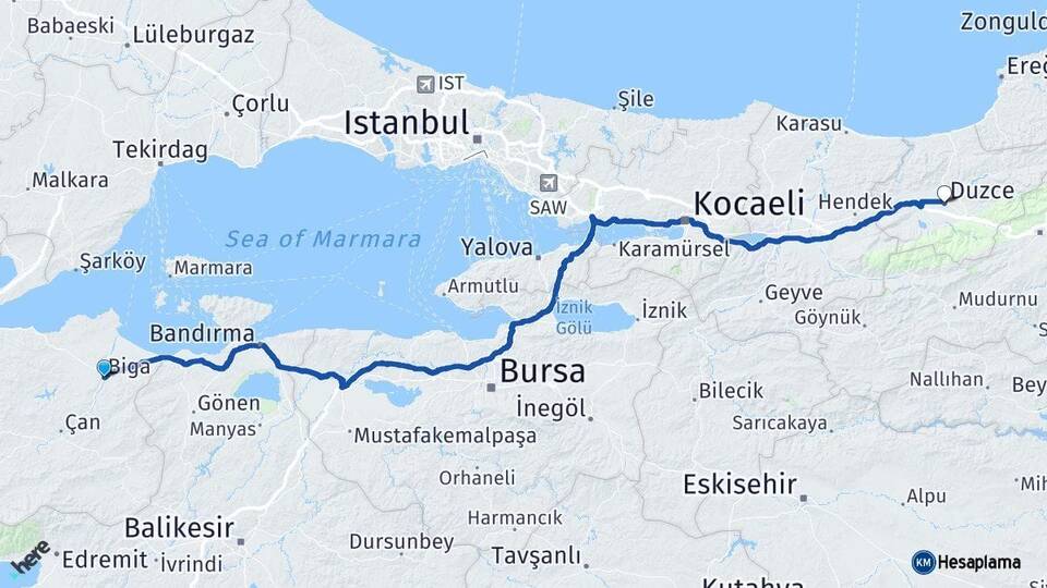 Çanakkale Biga Düzce Arası Kaç Km - Yol Haritası