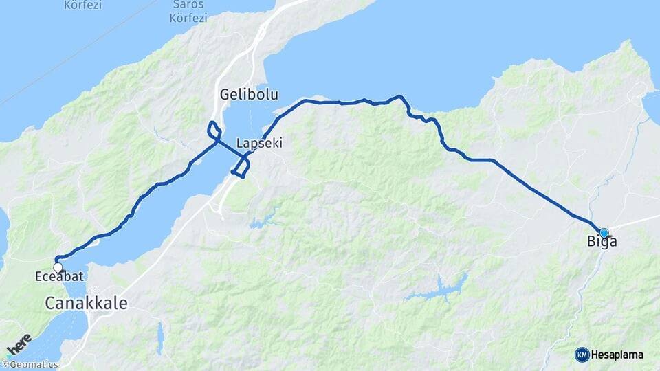 Çanakkale Biga Eceabat Arası Kaç Km - Yol Haritası
