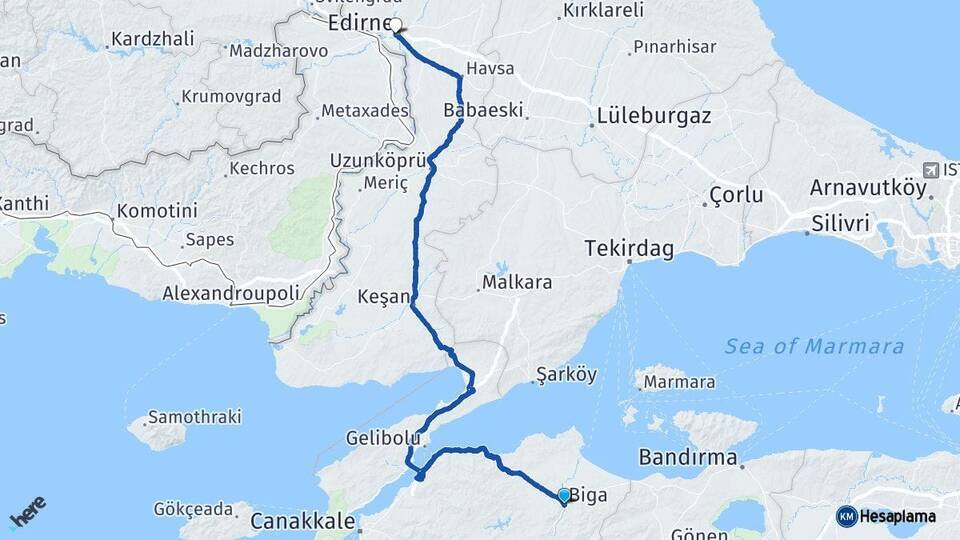 Çanakkale Biga Edirne Arası Kaç Km - Yol Haritası
