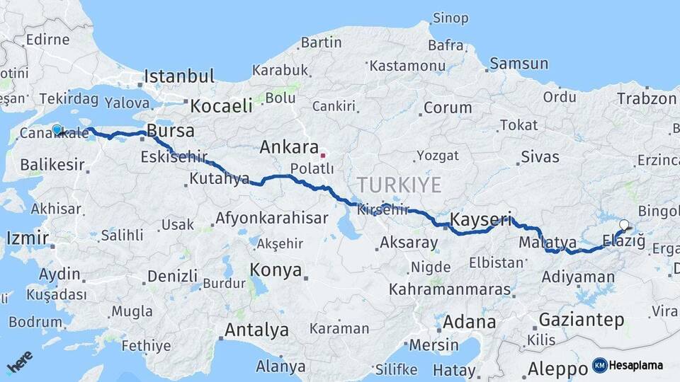 Çanakkale Biga Elazığ Arası Kaç Km - Yol Haritası