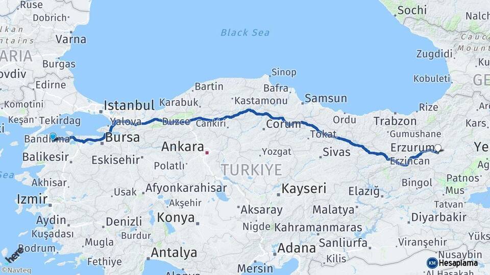 Çanakkale Biga Erzurum Arası Kaç Km - Yol Haritası