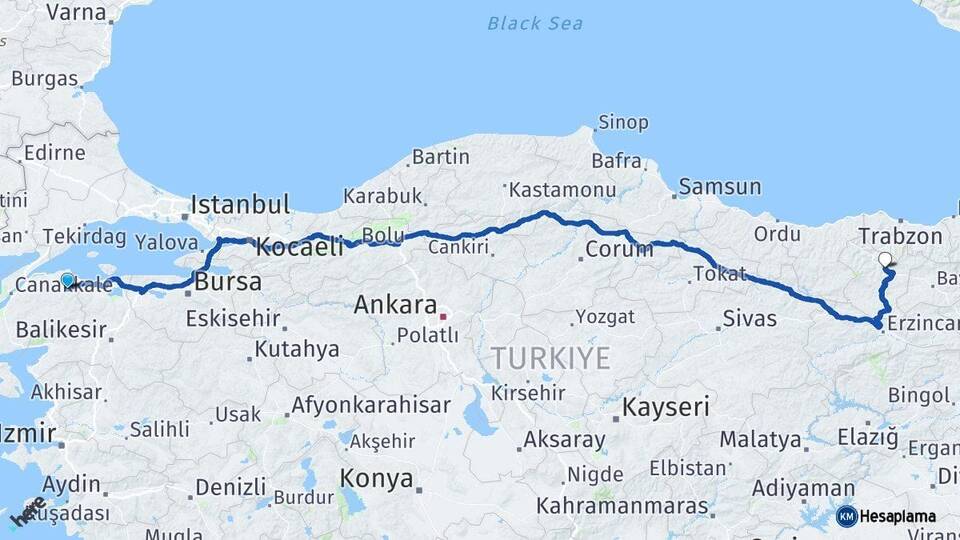 Çanakkale Biga Gümüşhane Arası Kaç Km - Yol Haritası