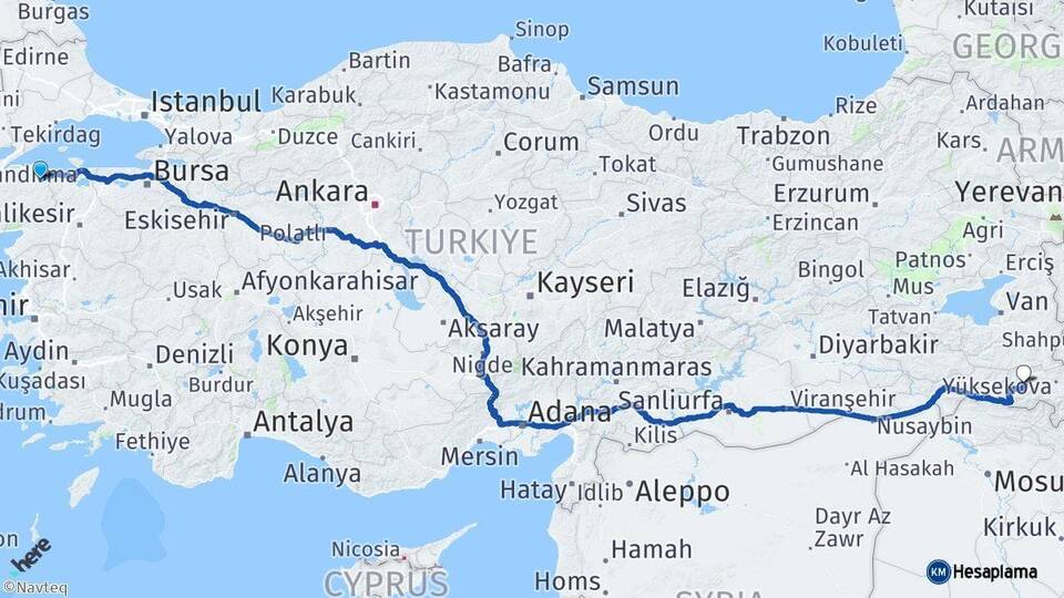 Çanakkale Biga Hakkari Arası Kaç Km - Yol Haritası
