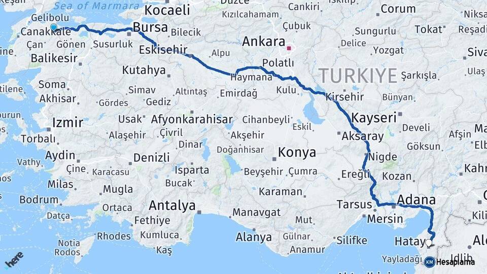 Çanakkale Biga Hatay Arası Kaç Km - Yol Haritası