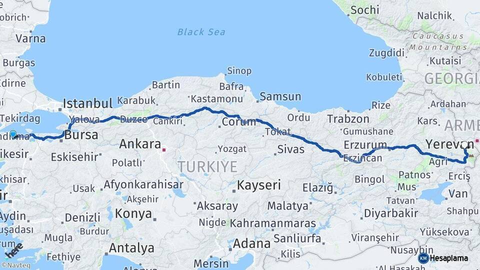 Çanakkale Biga Iğdır Arası Kaç Km - Yol Haritası