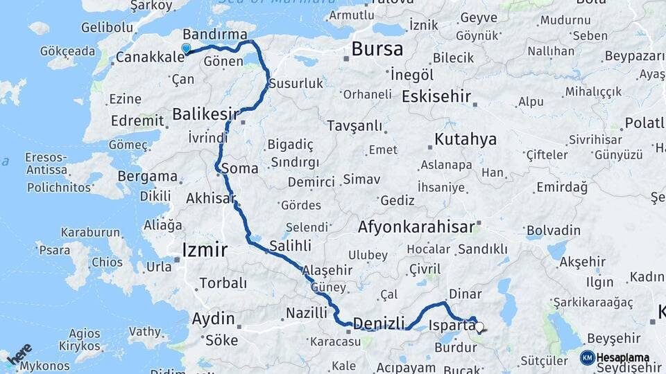 Çanakkale Biga Isparta Arası Kaç Km - Yol Haritası