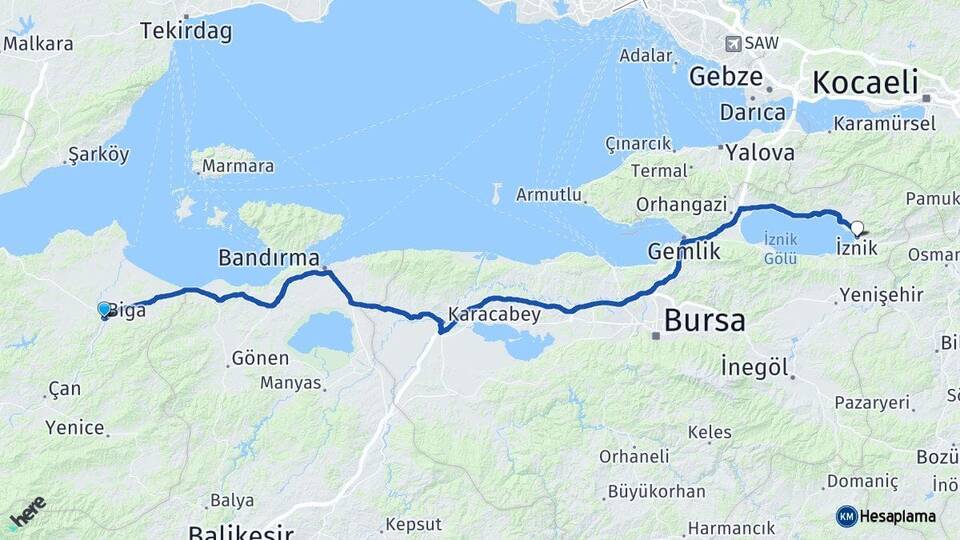 Çanakkale Biga İznik Bursa Arası Kaç Km - Yol Haritası