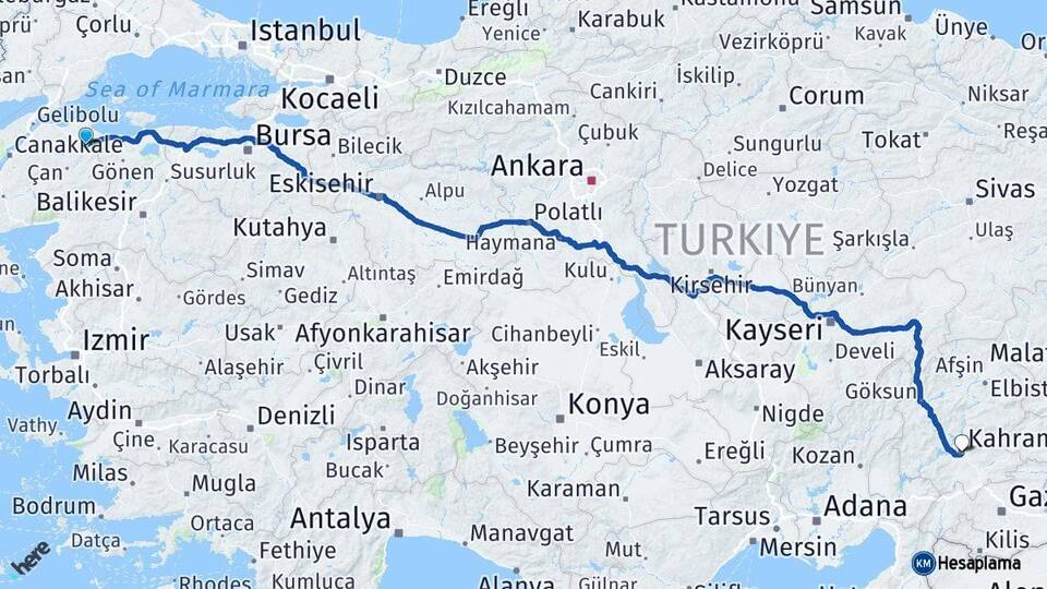 Çanakkale Biga Kahramanmaraş Arası Kaç Km - Yol Haritası