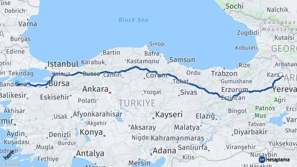 Çanakkale Biga Kars Arası Kaç Km - Yol Haritası