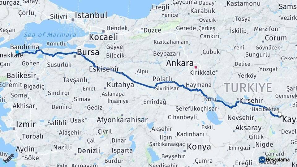 Çanakkale Biga Kayseri Arası Kaç Km - Yol Haritası