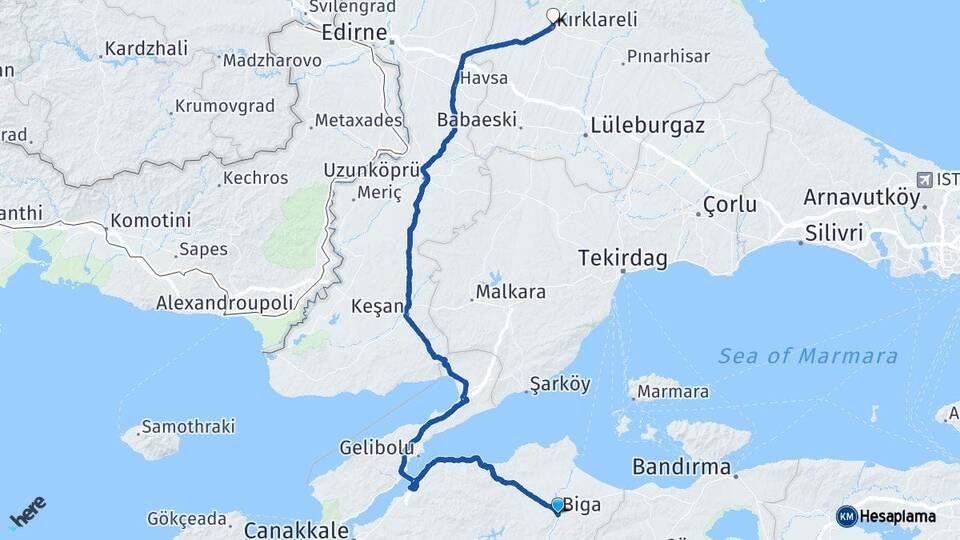 Çanakkale Biga Kırklareli Arası Kaç Km - Yol Haritası