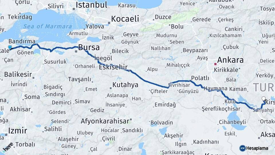 Çanakkale Biga Kırşehir Arası Kaç Km - Yol Haritası