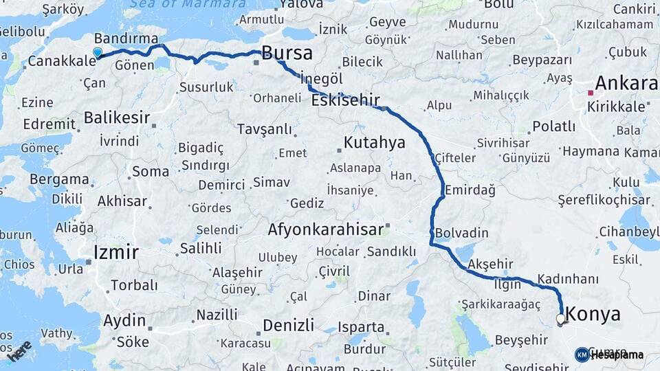 Çanakkale Biga Konya Arası Kaç Km - Yol Haritası