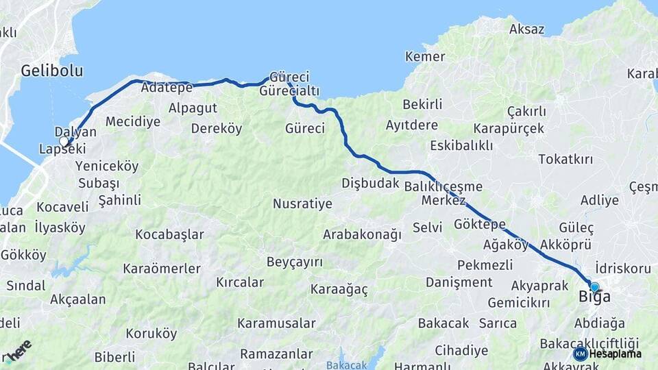 Çanakkale Biga Lapseki Arası Kaç Km - Yol Haritası