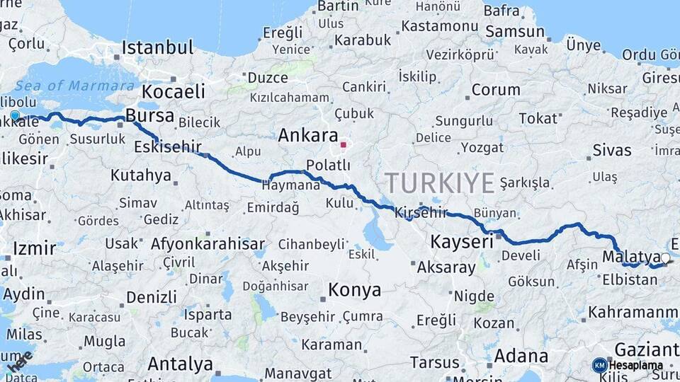 Çanakkale Biga Malatya Arası Kaç Km - Yol Haritası