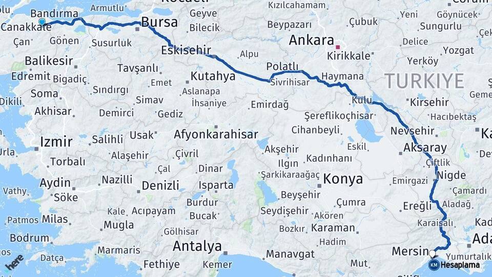 Çanakkale Biga Mersin Arası Kaç Km - Yol Haritası