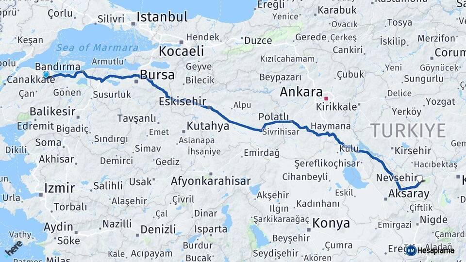 Çanakkale Biga Nevşehir Arası Kaç Km - Yol Haritası