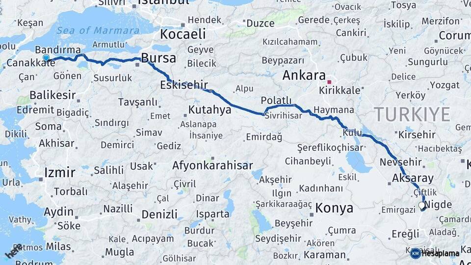 Çanakkale Biga Niğde Arası Kaç Km - Yol Haritası