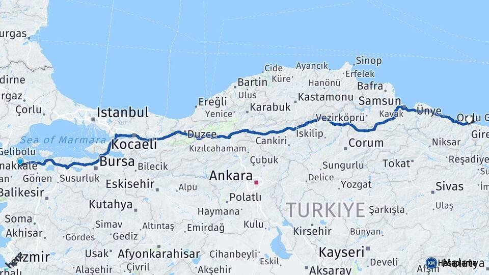 Çanakkale Biga Ordu Arası Kaç Km - Yol Haritası