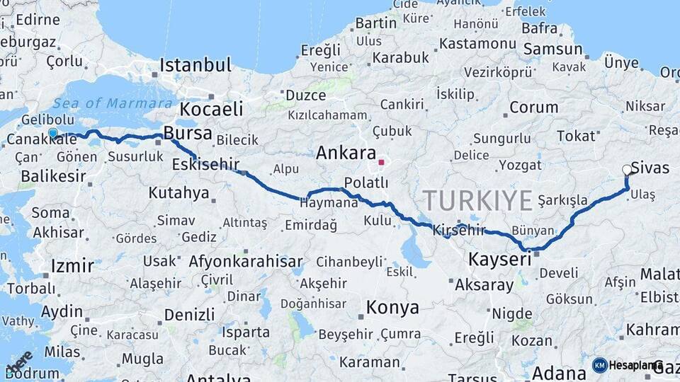 Çanakkale Biga Sivas Arası Kaç Km - Yol Haritası