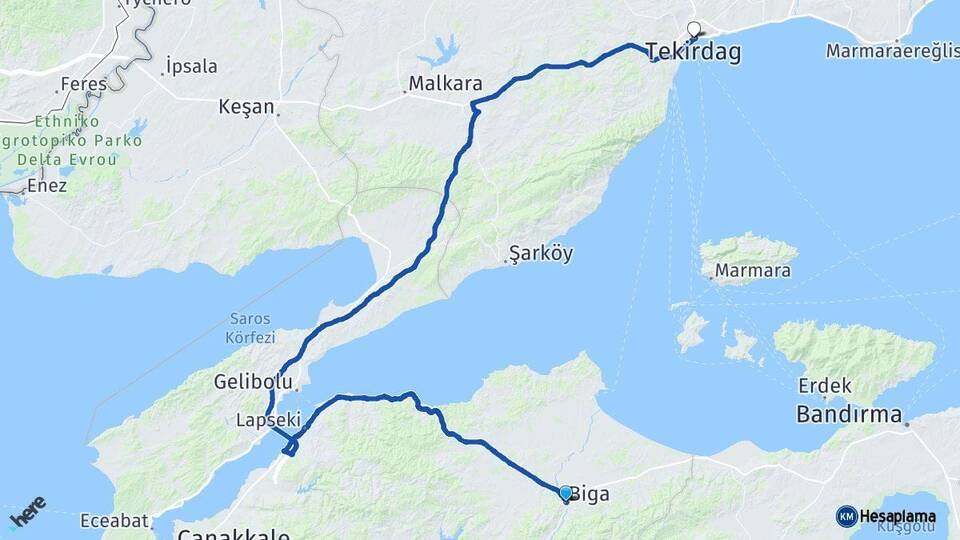 Çanakkale Biga Tekirdağ Arası Kaç Km - Yol Haritası