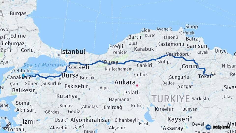 Çanakkale Biga Tokat Arası Kaç Km - Yol Haritası